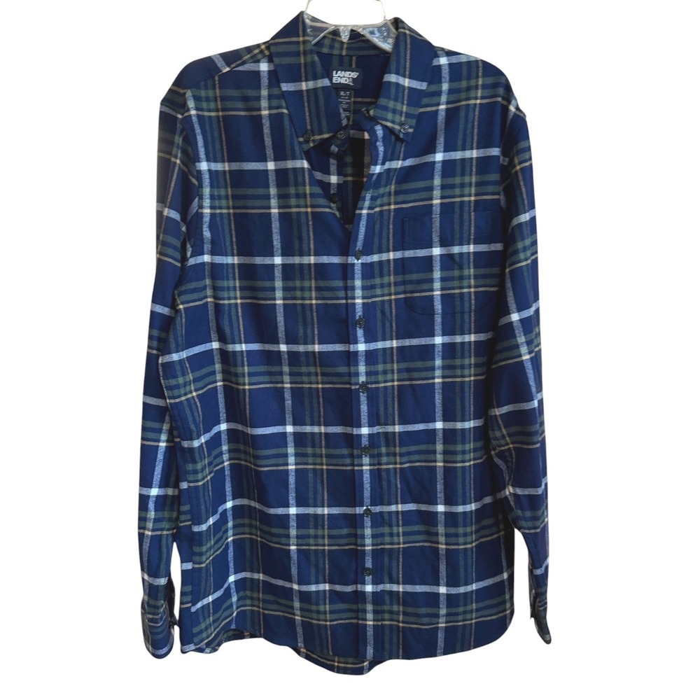Lands End Men XL Tall Flannel Shirt Navy Blue Green Plaid Traditional Fit Cotton